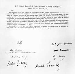 Les adresses internationales ˆ S.M. l`Empereur-Grand-Duc Nicolas II. Stockholm 1899. Sivu 41 olivat mm. Anatole Francen ja Emile Zolan allekirjoitukset.