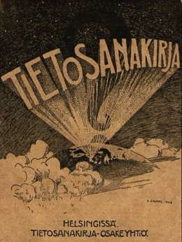 Tietosanakirjan kannen suunnitteli kreivi Louis Sparre. Tietosanakirja. Vihko Sakari Heikkisen hallussa.