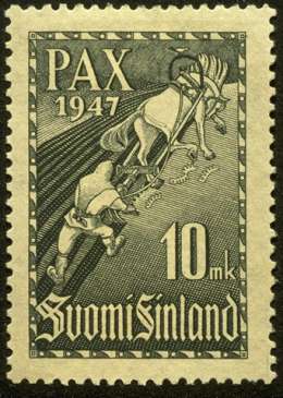 Pariisin rauhansopimuksen johdosta julkaistu postimerkki, Postimuseo.