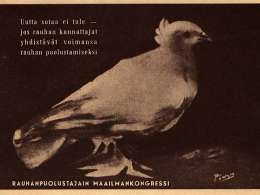 Pablo Picasso suunnitteli Rauhanpuolustajain maailmankongressiin tunnuksen. Postikortti: Museovirasto 9.8.-70.