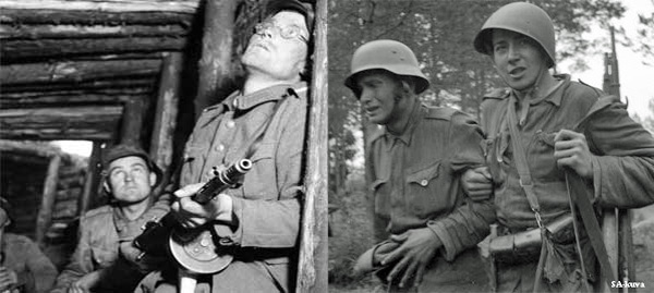 Kuva: H&auml;lytys VT-linjan asemissa. Kuvaaja sot.virk. Uuno Laukka, Liippua 1944, SA-kuva Kuva: Tasapainoaisti on j&auml;rkkynyt kranaatin r&auml;j&auml;ht&auml;ess&auml;. Aseveli ohjaa horjuvaa kulkua Joukkosidontapaikalle. Vuosalmi 13.7.1944. Kuvaaja sot.virk. Uuno Laukka, kuvateksti SA-kuva. SA-kuva.